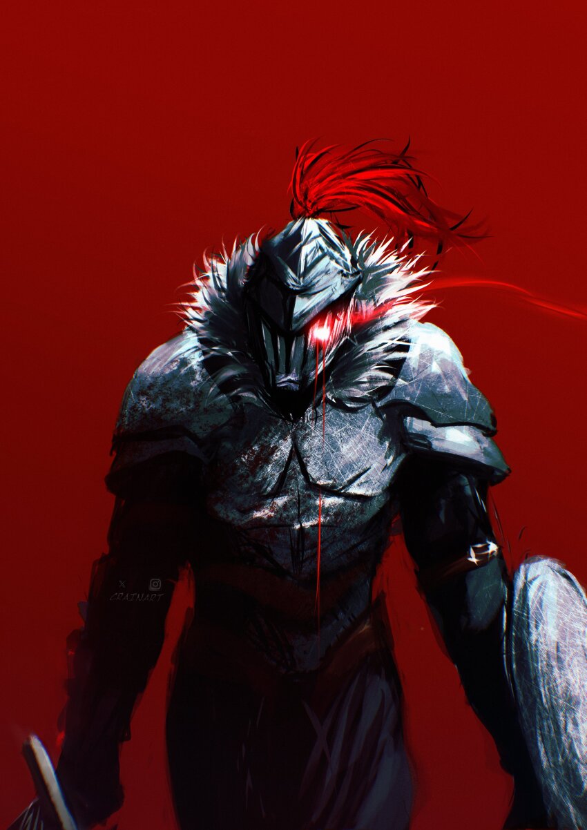 1boy absurdres armor artist_name belt black_pants breastplate broken_horn brown_belt cowboy_shot crain1art eye_trail fur_trim goblin_slayer goblin_slayer! grey_helmet helmet highres holding holding_shield holding_sword holding_weapon horns light_trail pants red_background shield short_sword shoulder_armor sword weapon