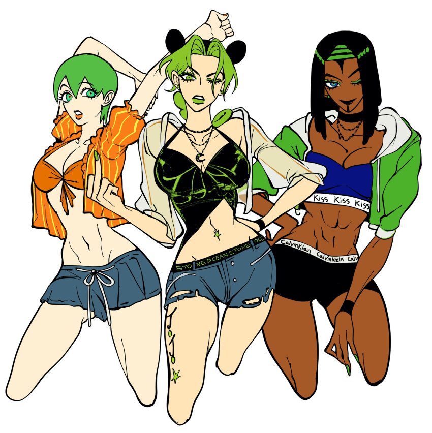 3girls abs alternate_costume bikini black_choker black_hair black_shorts blue_bra blue_eyes blue_tube_top bra braid breasts choker clamchowder55 cleavage commentary crop_top cutoffs dark-skinned_female dark_skin denim denim_shorts double_bun dreadlocks ermes_costello eyeliner foo_fighters_(jojo) front-tie_top green_eyeliner green_eyes green_hair green_hairband green_jacket green_lips green_nails grey_hood hair_bun hairband hand_on_own_hip highres hood hood_down jacket jewelry jojo_no_kimyou_na_bouken kuujou_jolyne leg_tattoo makeup medium_breasts middle_finger midriff multicolored_hair multiple_girls navel navel_piercing necklace no_nose one_eye_closed open_clothes open_jacket orange_bikini orange_shirt piercing see-through_clothes see-through_shirt shirt short_hair short_shorts shorts sports_bra stone_ocean strapless stretching swimsuit symbol-only_commentary tattoo torn_clothes torn_shorts tube_top two-tone_hair underwear white_background