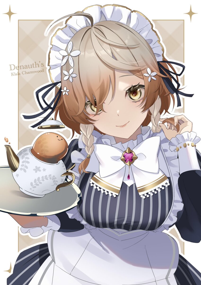 1girl braid breasts brown_hair character_name highres holding holding_tray klara_charmwood light_smile looking_at_viewer maid maid_headdress medium_breasts medium_hair nijisanji nijisanji_en playing_with_own_hair solo teapot tray triple_ahoge tsugu_(tsugu_823) twin_braids typo virtual_youtuber yellow_eyes