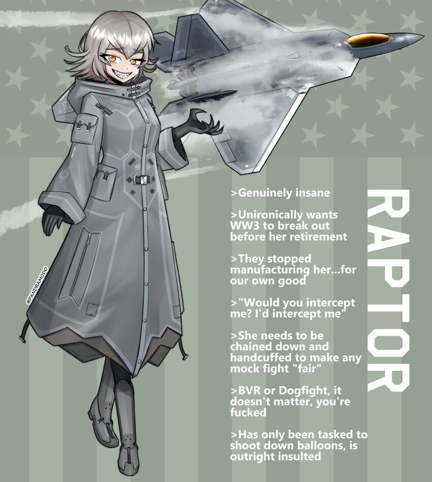 1girl absurdres aircraft airplane black_gloves english_text evil_grin evil_smile f-22_raptor fighter_jet full_body gloves grey_hair grin hair_between_eyes highres looking_at_viewer mecha_musume medium_hair military_vehicle orange_hair original pandramodo personification smile solo twitter_username