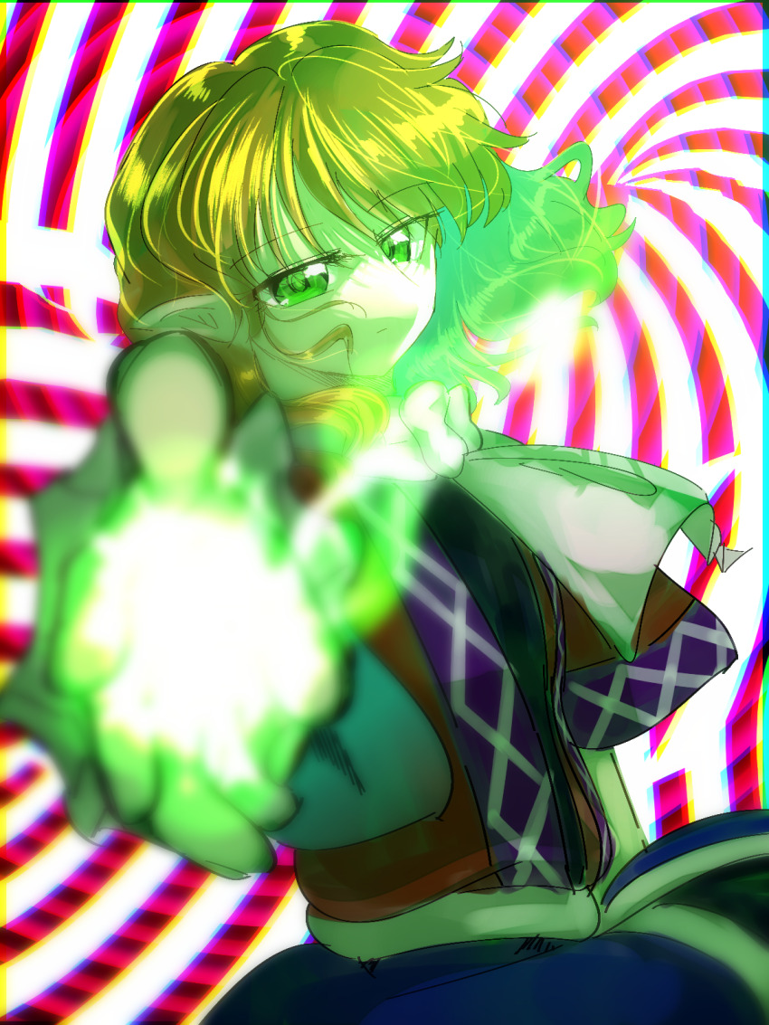 1girl abstract_background black_shirt blonde_hair blurry blurry_foreground brown_shirt closed_mouth commentary_request depth_of_field expressionless green_eyes highres looking_at_viewer mizuhashi_parsee pointy_ears red_background sash shippuu_jinnari shirt short_hair short_sleeves solo touhou undershirt upper_body white_background white_sash