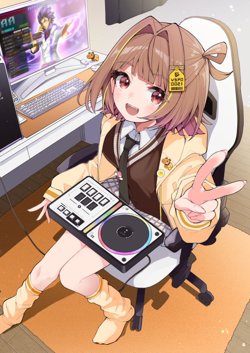 1girl :d akabeko black_necktie breasts brown_hair brown_sweater chair character_request collared_shirt commentary_request computer computer_keyboard computer_mouse controller copyright_request fangs game_controller gaming_chair goten_(510gensoku) hair_intakes hair_rings hand_up highres hood hood_down hooded_jacket indoors jacket long_sleeves loose_socks medium_breasts medium_hair miniskirt monitor necktie no_shoes open_clothes open_jacket open_mouth pink_eyes pleated_skirt sendo_yuuhi sendo_yuuhi_(1st_costume) shirt single_hair_ring sitting skirt smile socks solo sweater swivel_chair teeth upper_teeth_only v virtual_youtuber vspo! white_shirt white_skirt yellow_jacket yellow_socks