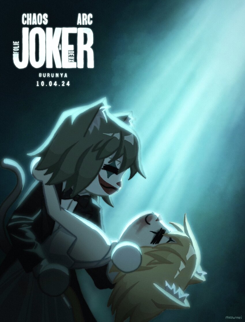 1boy 1girl :3 =_= animal_ears arthur_fleck batman_(series) blonde_hair card carnival_phantasm cat_ears cat_girl cat_tail clown cosplay dc_comics dress facepaint formal_clothes grey_hair harley_quinn highres joker joker:_folie_à_deux joker_(2019) joker_(dc)_(cosplay) lee_quinzel makeup melty_blood meowmei neco-arc neco-arc_chaos parody playing_card poster_parody suit tail the_joker tsukihime tuxedo type-moon white_dress