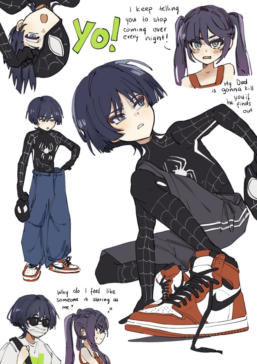 1boy 1girl adjusting_pants animal_print aqua_eyes arm_up bag balaclava bespectacled black_bodysuit black_hair blue_pants blunt_bangs blunt_ends blush bodysuit cargo_pants clothes_pull cosplay english_text eyelashes fang feet foot_focus genshin_impact glasses grey_eyes hair_between_eyes hand_between_thighs hand_on_ground highres holding holding_mask long_hair looking_at_viewer looking_to_the_side loose_pants marvel mask mask_pull mona_(genshin_impact) mouth_mask multiple_views open_mouth pants pants_pull red_shirt red_shoes scaramouche_(genshin_impact) shirt shoes shoulder_bag sidelocks silk skin_fang sneakers spider-man:_across_the_spider-verse spider-man_(miles_morales) spider-man_(miles_morales)_(cosplay) spider-man_(series) spider-verse spider_print spider_web spider_web_print squatting standing sunglasses superhero_costume swept_bangs tsurime twintails two-tone_bodysuit untied_shoelaces unworn_mask upside-down white_background white_mask white_mouth white_shirt white_sleeves white_trim ysnden