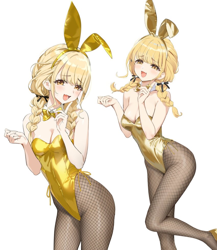 3girls animal_ears black_pantyhose blonde_hair bow braid breasts cleavage cropped_legs detached_collar fake_animal_ears fishnet_pantyhose fishnets fujita_kotone gakuen_idolmaster gold_leotard highres idolmaster leotard long_hair looking_at_viewer medium_breasts multiple_girls open_mouth pantyhose rabbit_ears shoes smile smug standing standing_on_one_leg twin_braids white_background yd_(orange_maru) yellow_bow yellow_eyes yellow_leotard yellow_shoes
