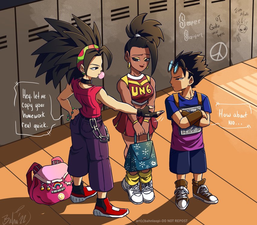 1boy 2girls alternate_costume backpack bag bahnloopi black_hair book bracelet breasts cabba caulifla chain chewing_gum conversation dark-skinned_female dark_skin dragon_ball dragon_ball_super earrings english_text flower_print glasses glasses_on_head gloves graffiti handbag handkerchief highres jewelry jiren kale_(dragon_ball) lips lipscick locker locker_room medium_breasts multiple_girls muscular_arms necklace overalls pants peace_symbol pearl_bracelet potara_earrings rainbow school shoes shorts size_difference skirt size_difference sneakers socks speech_bubble sticker tall_female wooden_floor