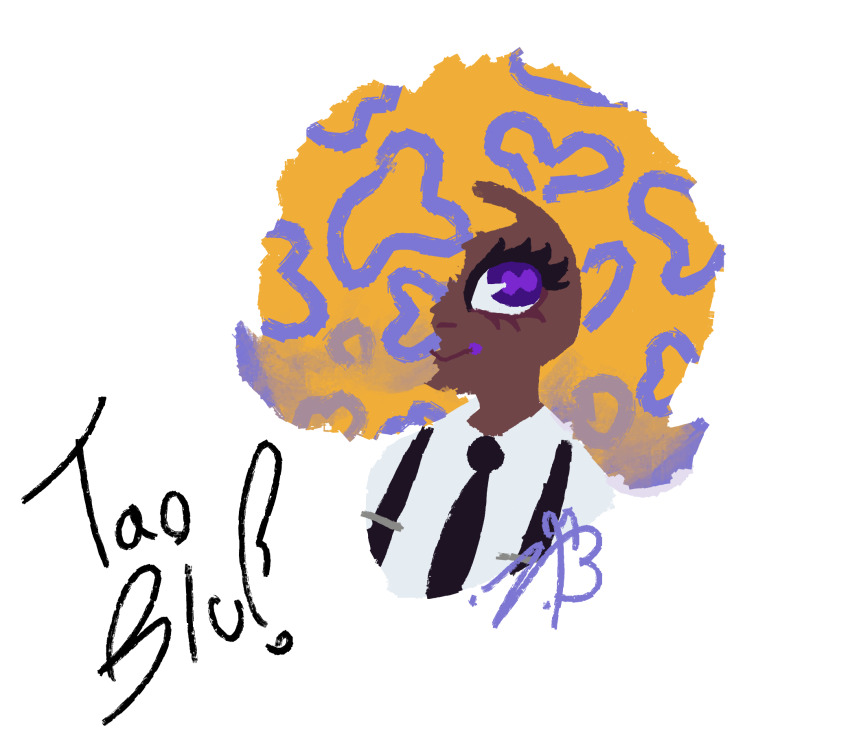 1girl artbreddo black_necktie black_suspenders cephalopod_eyes character_name collared_shirt cropped_torso dark-skinned_female dark_skin hair_over_one_eye highres necktie nintendo orange_hair patterned_hair purple_eyes shirt signature simple_background solo splatoon_(series) splatoon_3 tao_blu tentacle_hair white_background white_shirt