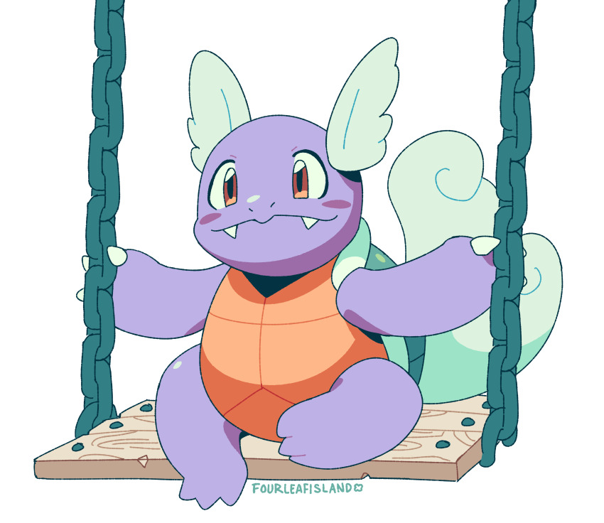 absurdres animal_focus artist_name brown_eyes clip_studio_paint_(medium) commentary english_commentary fang fourleafisland full_body gen_1_pokemon head_wings highres nintendo no_humans on_swing orange_eyes pokemon pokemon_(creature) simple_background solo swing turtle wartortle white_background wings
