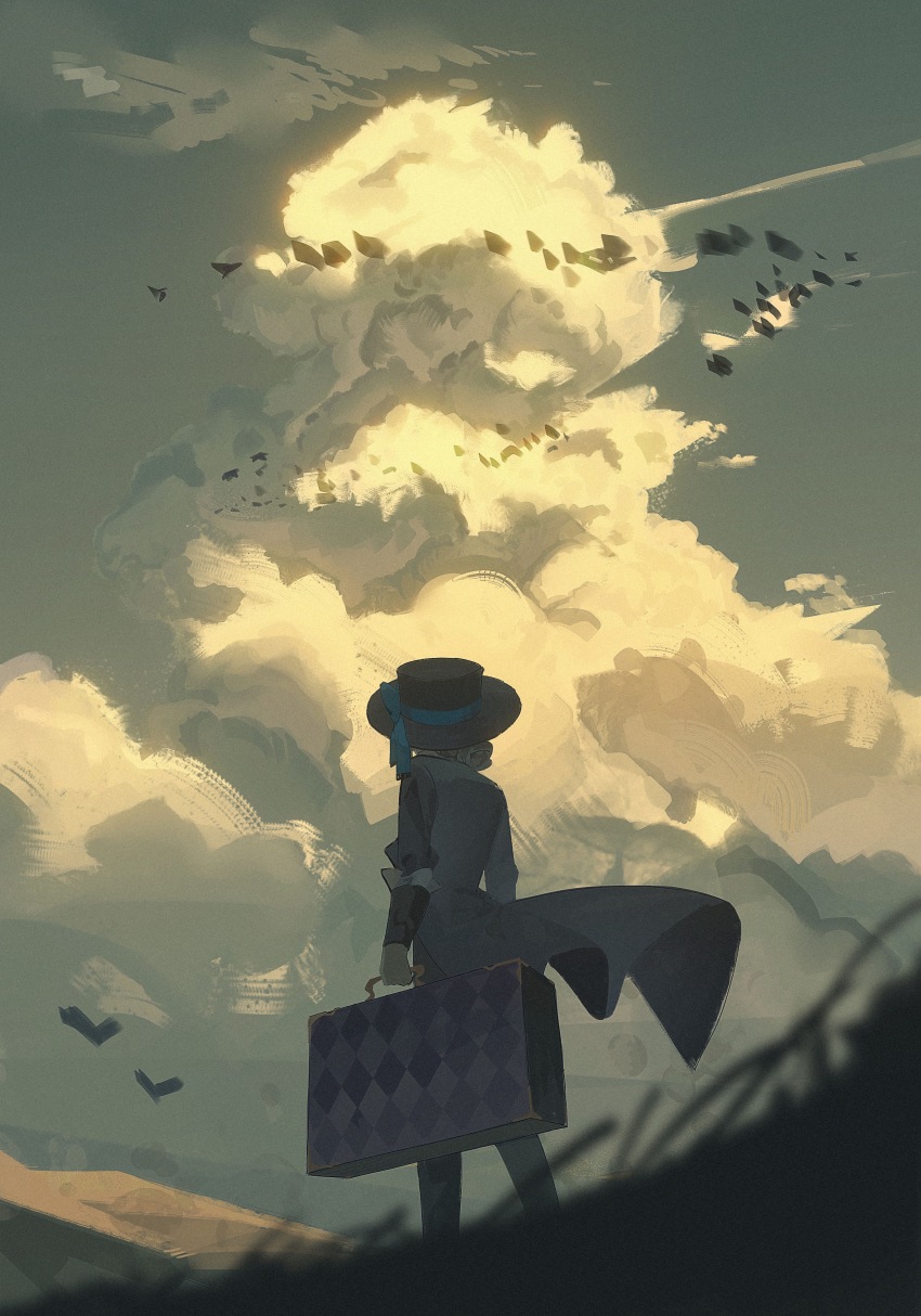 1girl absurdres black_coat black_hat black_pants blue_bow blurry blurry_foreground boater_hat bow cloud coat cumulonimbus_cloud facing_away from_behind from_below hair_bun hat hat_bow highres holding holding_suitcase long_sleeves outdoors pants reverse:1999 simple_bird single_side_bun solo standing suitcase v_formation vertin_(reverse:1999) zzzzzziyao