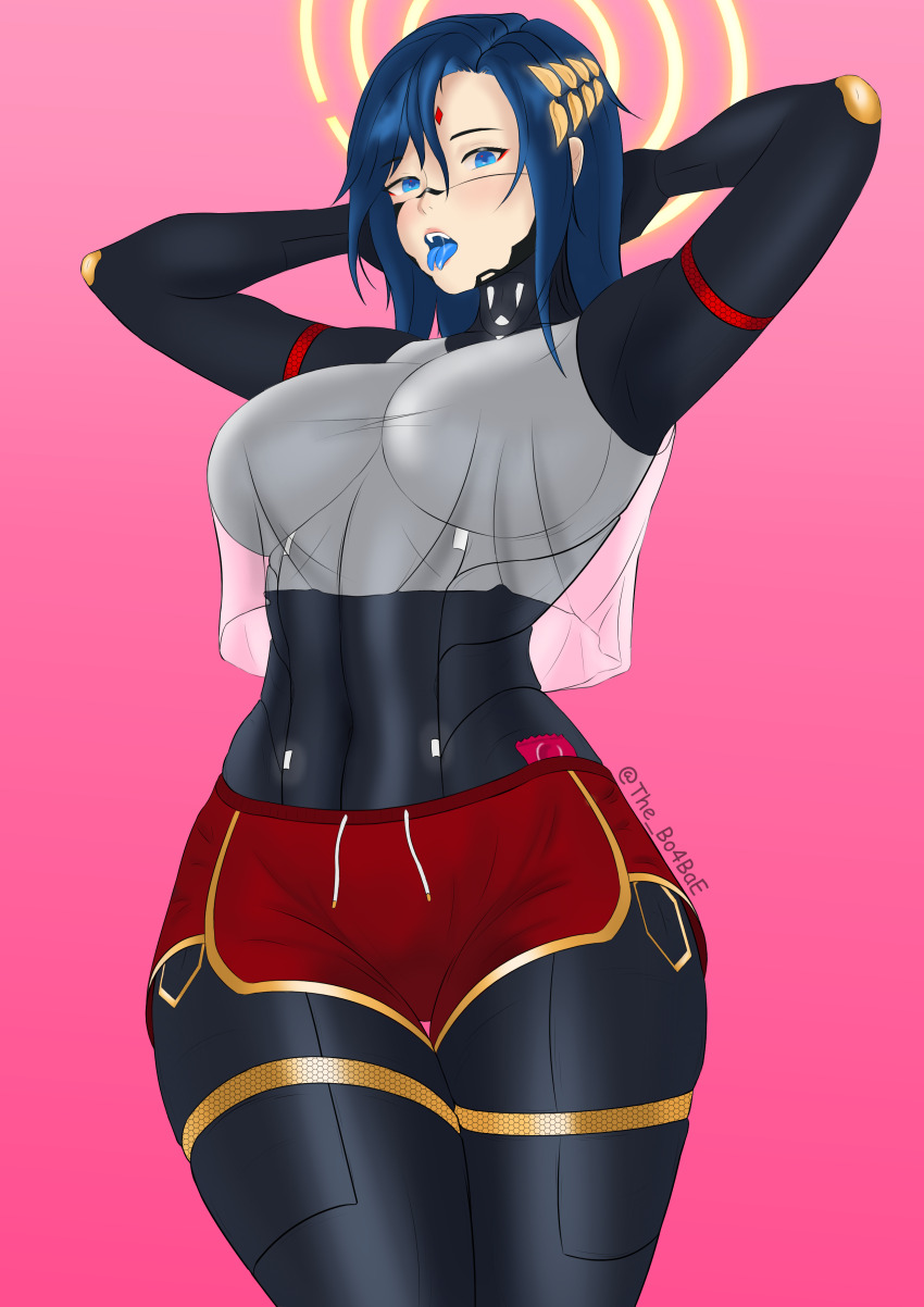 1girl absurdres android arm_behind_head bad_link black_feet blue_eyes blue_hair breasts condom condom_wrapper cowboy_shot falke_(signalis) forked_tongue hair_ornament highres joints large_breasts laurel_crown looking_at_viewer mechanical_legs metal_skin navel open_mouth pink_background robot_girl robot_joints saliva saliva_trail see-through_clothes shirt signalis simple_background skirt solo sportswear tall_female teeth the_bo4bae tongue tongue_out