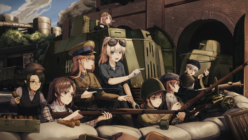 6+girls absurdres ammunition_belt ammunition_box bolt_action chinese_commentary explosive garrison_cap goggles grenade gun handgun hat helmet highres machine_gun mauser_c96 maxim_gun military_truck military_uniform military_vehicle mosin-nagant motor_vehicle multiple_girls orange_hair original peaked_cap pointing ponytail red_star rifle sailor sailor_collar sandbag shirt soviet soviet_army soviet_navy star_(symbol) striped_clothes striped_shirt tank telnyashka truck tuziki_sang weapon world_war_ii