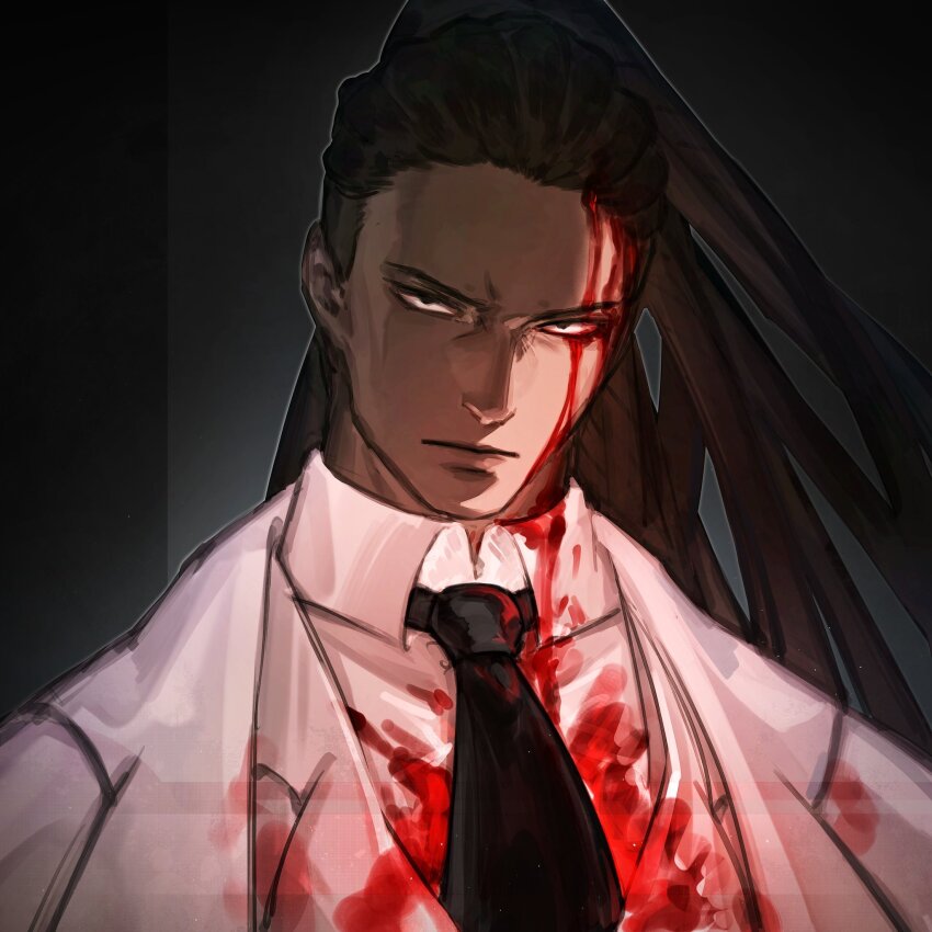 1boy black_eyes black_necktie blood blood_from_forehead blood_on_clothes blood_on_face brown_hair coat collared_shirt dreadlocks formal_clothes head_tilt high_ponytail highres library_of_ruina looking_at_viewer male_focus necktie olivier_(project_moon) ponytail portrait project_moon serious shirt solo suit white_coat white_shirt white_suit wuruko
