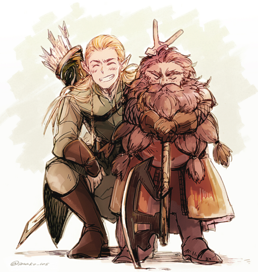2boys arrow_(projectile) axe beard blonde_hair blush boots braid braided_beard brown_hair bunny_ears_prank cape closed_eyes commentary dwarf elf facial_hair fantasy gimli gloves grin hair_slicked_back height_difference highres holding holding_axe legolas long_beard long_hair long_sleeves looking_at_viewer male_focus multiple_boys pointy_ears smile squatting the_lord_of_the_rings tolkien&#039;s_legendarium v weapon white_background yuki_1217k