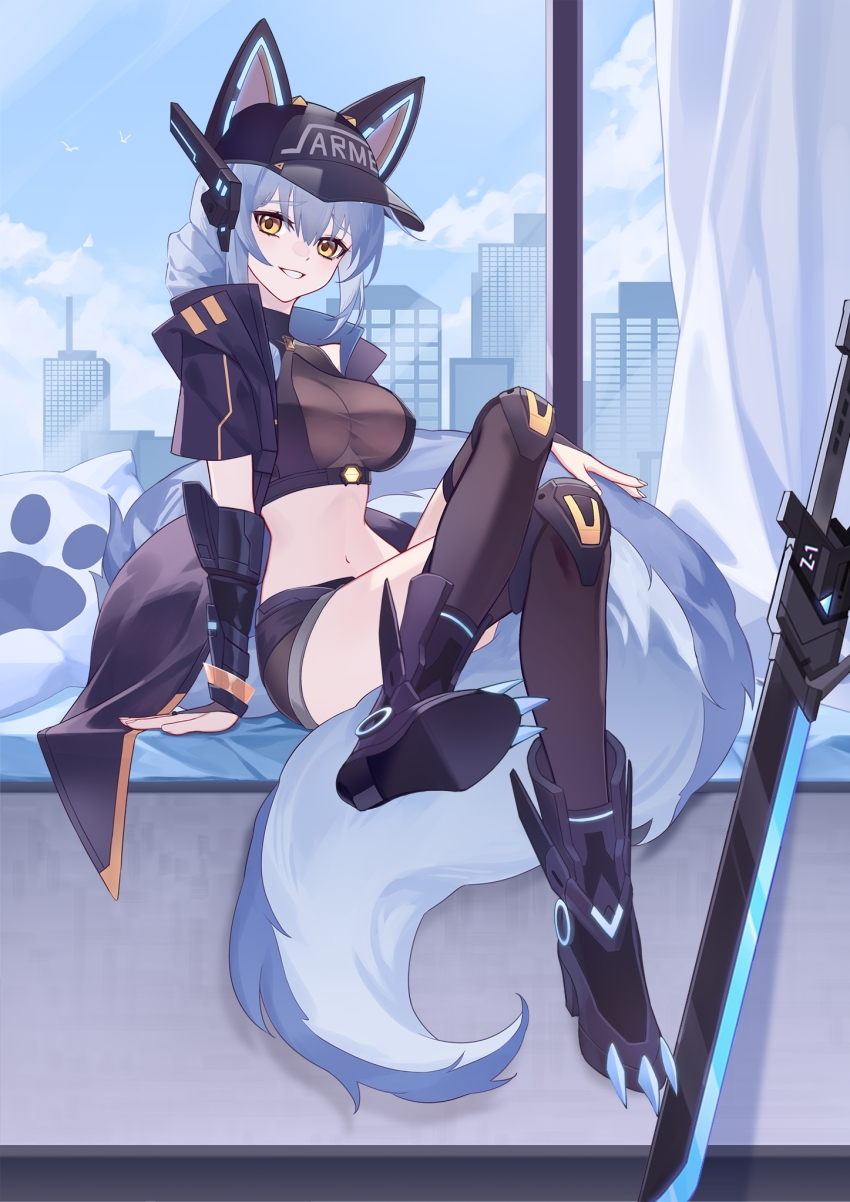 1girl alternate_costume animal_ears arknights arm_support baseball_cap black_boots black_hat black_shorts black_thighhighs blue_hair blue_sky boots city clothes_writing cloud commentary_request crop_top crossed_legs day hat highres indoors large_tail long_hair looking_at_viewer midriff navel provence_(arknights) provence_(xz002) short_shorts shorts sitting sky solo stomach sword tail thighhighs weapon wolf_ears wolf_tail yellow_eyes