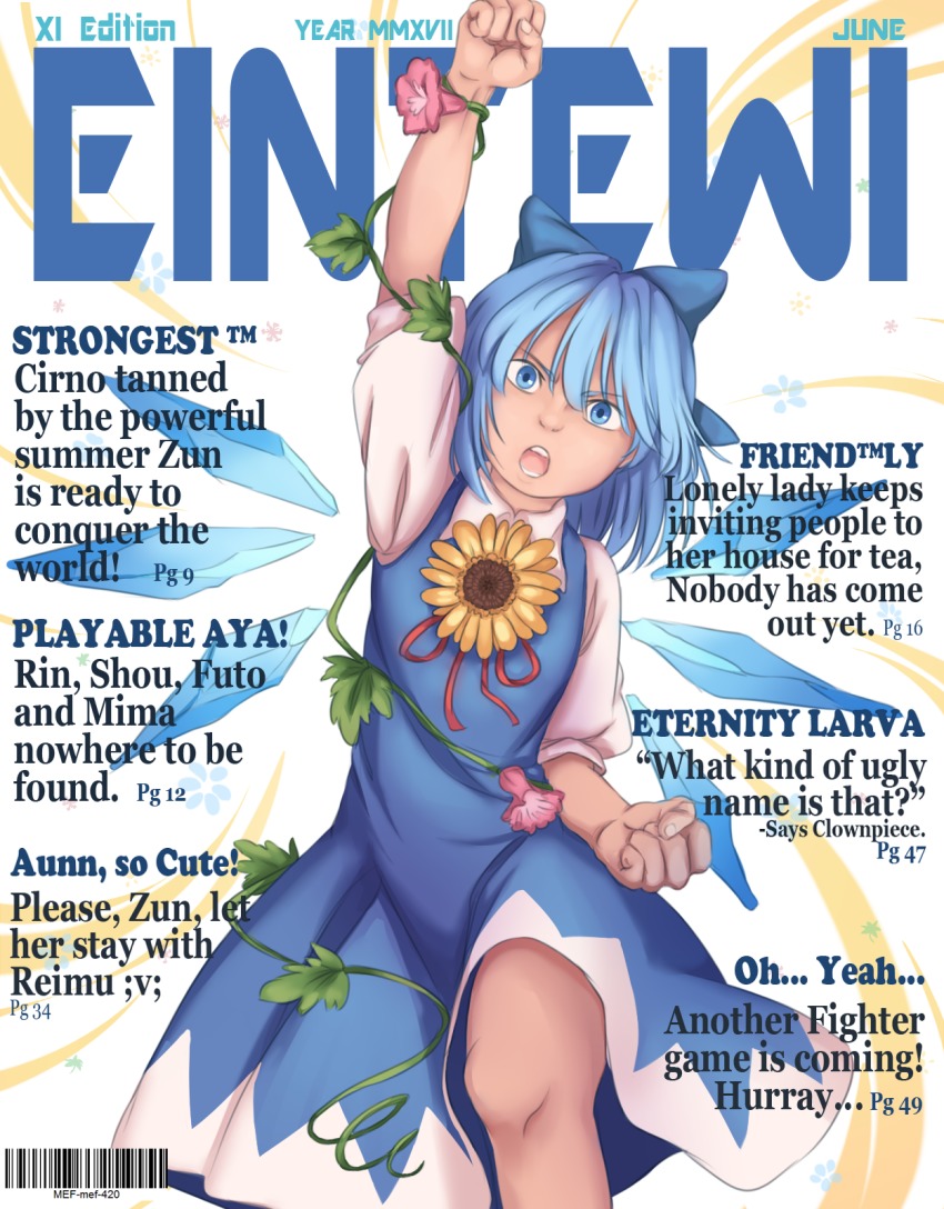 &gt;:o 1girl :o aqua_eyes aqua_hair barcode blue_dress bow cirno clenched_hand cover dress emoticon english_text fake_cover female_focus fist_pump flower hair_bow highres ice ice_wings ivy magazine_cover mefomefo open_mouth solo sunflower tan tanned_cirno touhou v-shaped_eyebrows wings