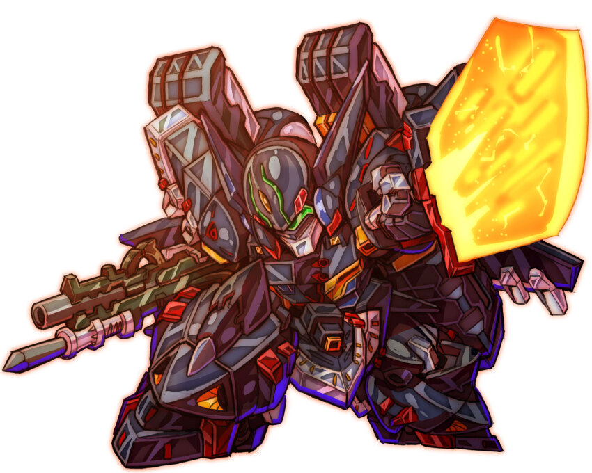 armor gespenst gespenst_haken gun highres holding holding_weapon mecha no_humans robot science_fiction solo standing super_robot_wars super_robot_wars_og_moon_dwellers super_robot_wars_original_generation sword uungunover weapon white_background