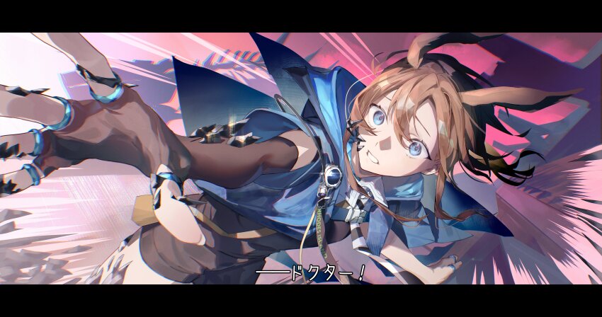 1girl absurdres amiya_(arknights) animal_ears arknights bag blue_eyes brown_hair buckle chinese_text chromatic_aberration detached_sleeves dutch_angle english_text erulusyro fingernails hair_between_eyes highres hood hooded_jacket jacket jewelry letterboxed long_hair looking_at_viewer material_growth multiple_rings necktie open_clothes open_jacket oripathy_lesion_(arknights) rabbit_ears rabbit_girl reaching reaching_towards_viewer red_sky rhodes_island_logo_(arknights) ring short_shorts shorts shoulder_bag single_detached_sleeve skeleton sky sleeveless sleeveless_jacket solo strap thumb_ring wide-eyed worried