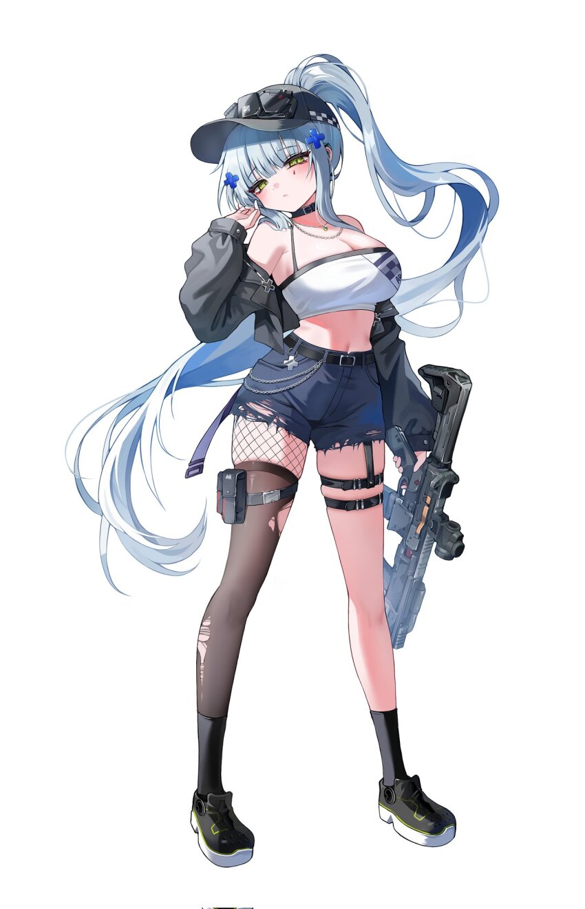1girl bare_shoulders baseball_cap black_jacket black_shoes blue_hair blue_shorts breasts cleavage collar crop_top cross_hair_ornament girls&#039;_frontline girls&#039;_frontline_2:_exilium green_eyes gun hair_ornament hat highres hk416_(girls&#039;_frontline) holding holding_gun holding_weapon jacket jewelry klukai_(girls&#039;_frontline_2) long_hair looking_at_viewer midriff navel necklace nyan_(nyan12309) open_clothes open_jacket ponytail shoes shorts simple_background single_fishnet_legwear single_thighhigh solo tattoo teardrop_facial_mark teardrop_tattoo thigh_strap thighhighs torn_clothes torn_thighhighs weapon white_background