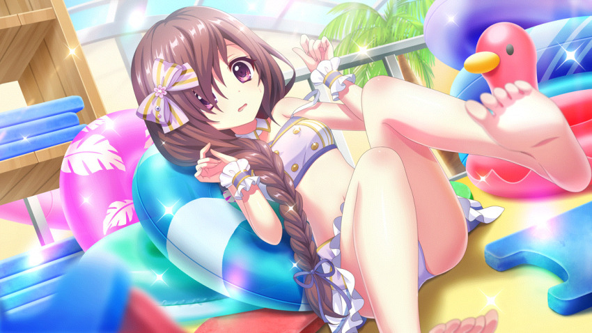 1girl bikini bikini_skirt blue_innertube blue_sky breasts brown_hair day detached_collar dot_nose duck_innertube dutch_angle fallen_down feet film_grain game_cg glass_ceiling green_innertube hair_ribbon hands_up indoors izumi_tsubasu leaf_print long_braid long_hair mizushino_sono non-web_source official_art on_floor open_mouth pink_innertube print_innertube purple_bikini purple_eyes purple_ribbon purple_wrist_cuffs railing re:stage! red_innertube ribbon sky small_breasts small_sweatdrop soles solo sparkle strap_slip sunlight swimsuit toes very_long_hair water_slide waterpark wrist_cuffs