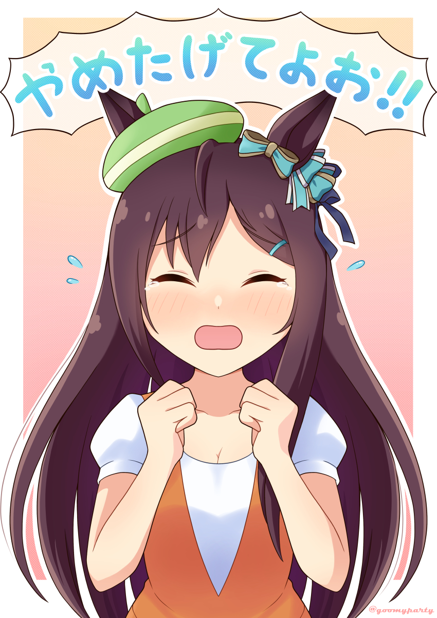 1girl absurdres animal_ears bianca_(pokemon) bianca_(pokemon)_(cosplay) blue_bow blush bow breasts brown_hair cleavage closed_eyes commentary_request cosplay dress ear_bow ears_through_headwear facing_viewer flying_sweatdrops goom_(goomyparty) green_headwear hair_ornament hairclip hands_up highres horse_ears long_hair medium_breasts mejiro_dober_(umamusume) nintendo open_mouth orange_dress outline pokemon pokemon_bw puffy_short_sleeves puffy_sleeves shirt short_sleeves sleeveless sleeveless_dress solo tears tilted_headwear translation_request twitter_username umamusume upper_body very_long_hair white_outline white_shirt