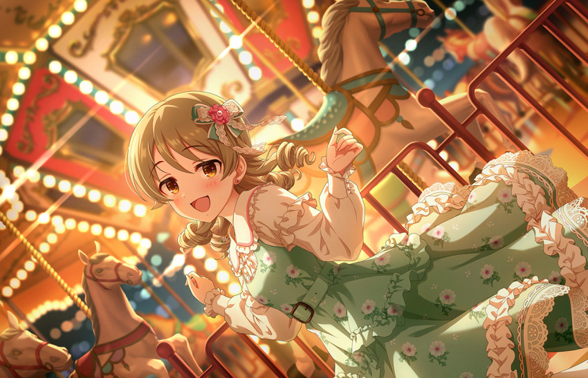 1girl belt blush brown_hair carousel dress drill_hair dutch_angle earrings floral_print frilled_sailor_collar frills game_cg green_dress hair_flaps idolmaster idolmaster_cinderella_girls idolmaster_cinderella_girls_starlight_stage jewelry long_hair looking_at_viewer morikubo_nono official_alternate_costume official_art outdoors pinafore_dress sailor_collar shirt sleeveless sleeveless_dress smile solo stud_earrings white_sailor_collar white_shirt