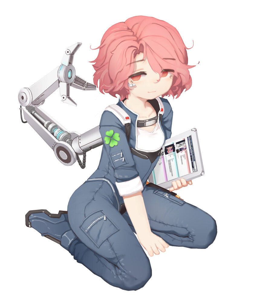 1girl aged_down blue_jumpsuit blue_shoes child closed_mouth clover clover_print commentary flat_chest fortune_(last_origin) full_body greentree highres holding holding_tablet_pc jumpsuit last_origin looking_at_viewer mechanical_arms parted_bangs pink_eyes pink_hair shoes single_mechanical_arm sitting solo tablet_pc three-quarter_sleeves yokozuwari
