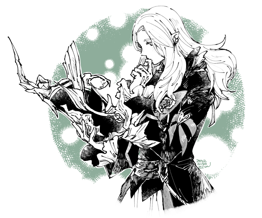1girl book dress earrings elezen elf final_fantasy final_fantasy_xiv greyscale_with_colored_background hand_to_own_mouth holding holding_book itowo_(itowc) jewelry long_hair open_book pointy_ears solo standing summoner_(final_fantasy)