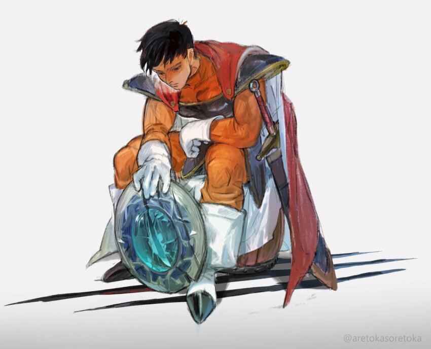 1boy aretokasoretoka armor barrel black_eyes black_hair blue_armor bodysuit boots cape claw_mark commentary_request covered_collarbone dragon_quest dragon_quest_i gloves hero_(dq1) highres looking_down male_focus muscular muscular_male no_headwear orange_bodysuit red_cape sheath sheathed shield short_hair sitting solo sword twitter_username two-sided_cape two-sided_fabric weapon white_background white_boots white_cape white_gloves