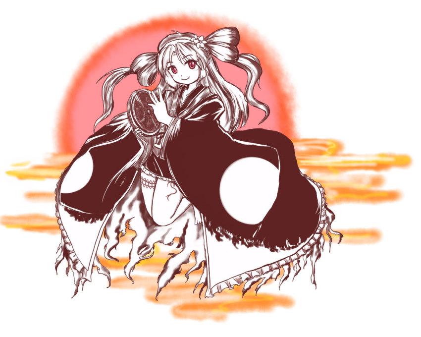 1girl barefoot female_focus flower frills gagawa_ichi hairband japanese_clothes kimono long_hair original pink_eyes riverbed_soul_saver skirt smile solo touhou twintails yamatoyo_no_momohime