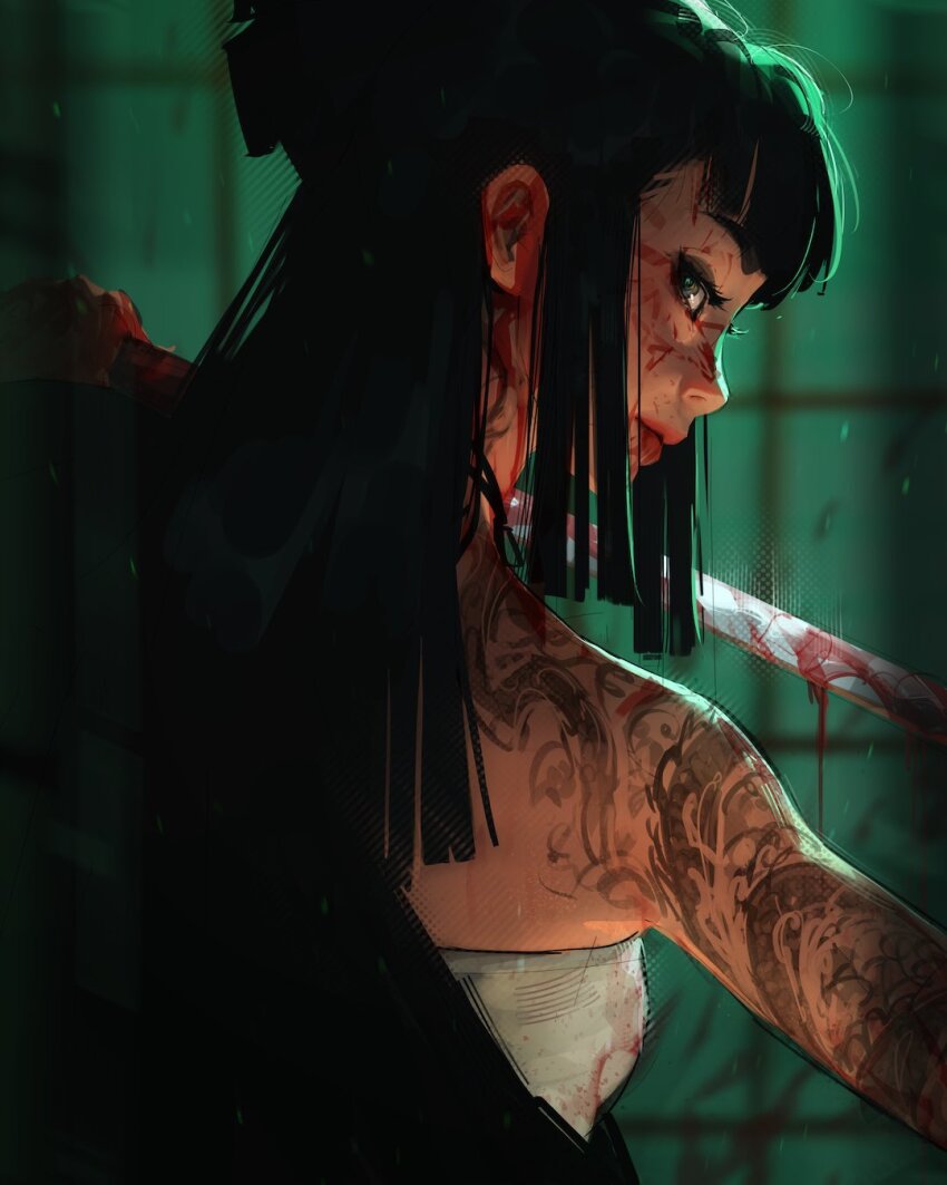 1girl bandaged_torso black_hair blood blood_on_face blood_on_hands bloody_weapon blunt_bangs breasts full_body green_eyes hair_bun highres holding holding_sword holding_weapon light_particles looking_at_viewer looking_back original sam_yang sidelocks solo sword tattoo tattoo_sleeve tile_wall tiles upper_body weapon