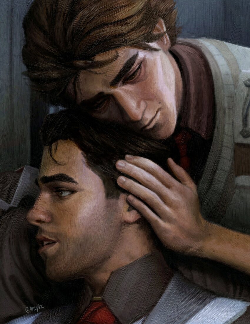 2boys absurdres arcane:_league_of_legends arcane_jayce beard black_shirt brown_eyes brown_hair closed_mouth collared_shirt commentary english_commentary facial_hair hand_on_another&#039;s_head head_rest highres jacket jayce_(league_of_legends) league_of_legends looking_down looking_to_the_side male_focus multiple_boys necktie parted_lips red_necktie shirt short_sideburns shuploc sideburns teeth thick_eyebrows upper_body viktor_(arcane) viktor_(league_of_legends) white_jacket wing_collar yaoi
