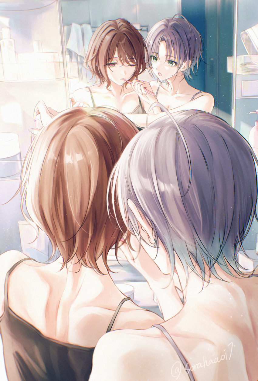 2girls absurdres ahoge asakura_toru black_camisole blue_eyes blue_hair brown_hair brushing_teeth camisole collarbone commentary_request gradient_hair grey_camisole highres higuchi_madoka idolmaster idolmaster_shiny_colors indoors mole mole_under_eye multicolored_hair multiple_girls parted_bangs purple_eyes purple_hair short_hair shoulder_blades sleepy sushizanmai_(sorahaaoi7) toothbrush