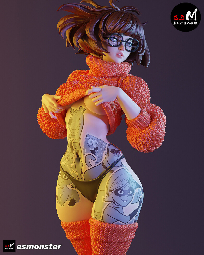 1girl black_panties breasts brown_hair character_tattoo clothes_lift cowboy_shot e.s._monster elastigirl figure glasses grey_background highres jack-jack_parr mr._incredible orange_sweater panties photo_(medium) rectangular_eyewear scooby-doo scooby-doo_(character) short_hair simple_background solo spongebob_squarepants spongebob_squarepants_(series) sweater sweater_lift tattoo the_incredibles underboob underwear velma_dinkley