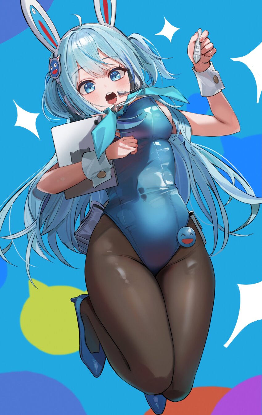 1girl absurdres animal_ears black_pantyhose blance blue_background blue_eyes blue_hair blue_leotard blue_necktie breasts commentary fake_animal_ears goddess_of_victory:_nikke high_heels highres holding holding_pregnancy_test holding_tablet_pc leotard long_hair medium_breasts necktie open_mouth pantyhose playboy_bunny pregnancy_test rabbit_ears shifty_(nikke) solo symbol-only_commentary tablet_pc teeth upper_teeth_only wrist_cuffs