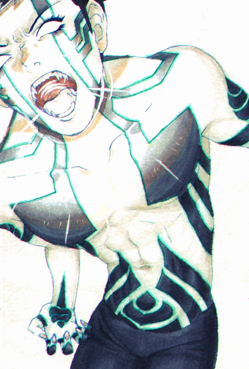 1boy beam black_hair brown_hair full-body_tattoo highres demi-fiend looking_at_viewer male_focus open_mouth shin_megami_tensei shin_megami_tensei_iii:_nocturne short_hair simple_background solo tattoo topless_male traditional_media tree-of-life yellow_eyes