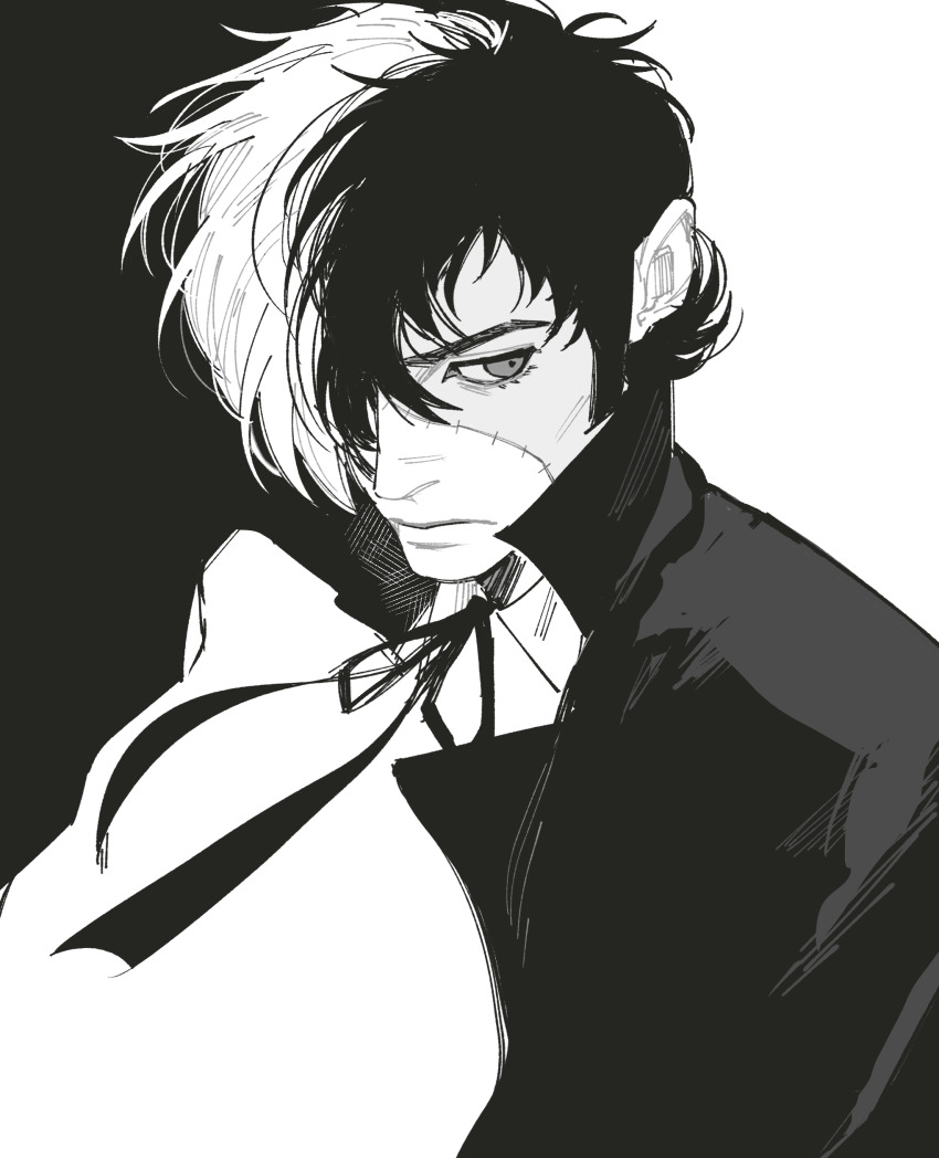 1boy absurdres black_jack_(character) black_jack_(series) cape closed_mouth collared_cape collared_shirt greyscale hair_over_one_eye highres kari1219 looking_to_the_side male_focus monochrome multicolored_hair neck_ribbon one_eye_covered popped_collar ribbon shirt sideways_glance solo split-color_hair stitched_face stitches wing_collar