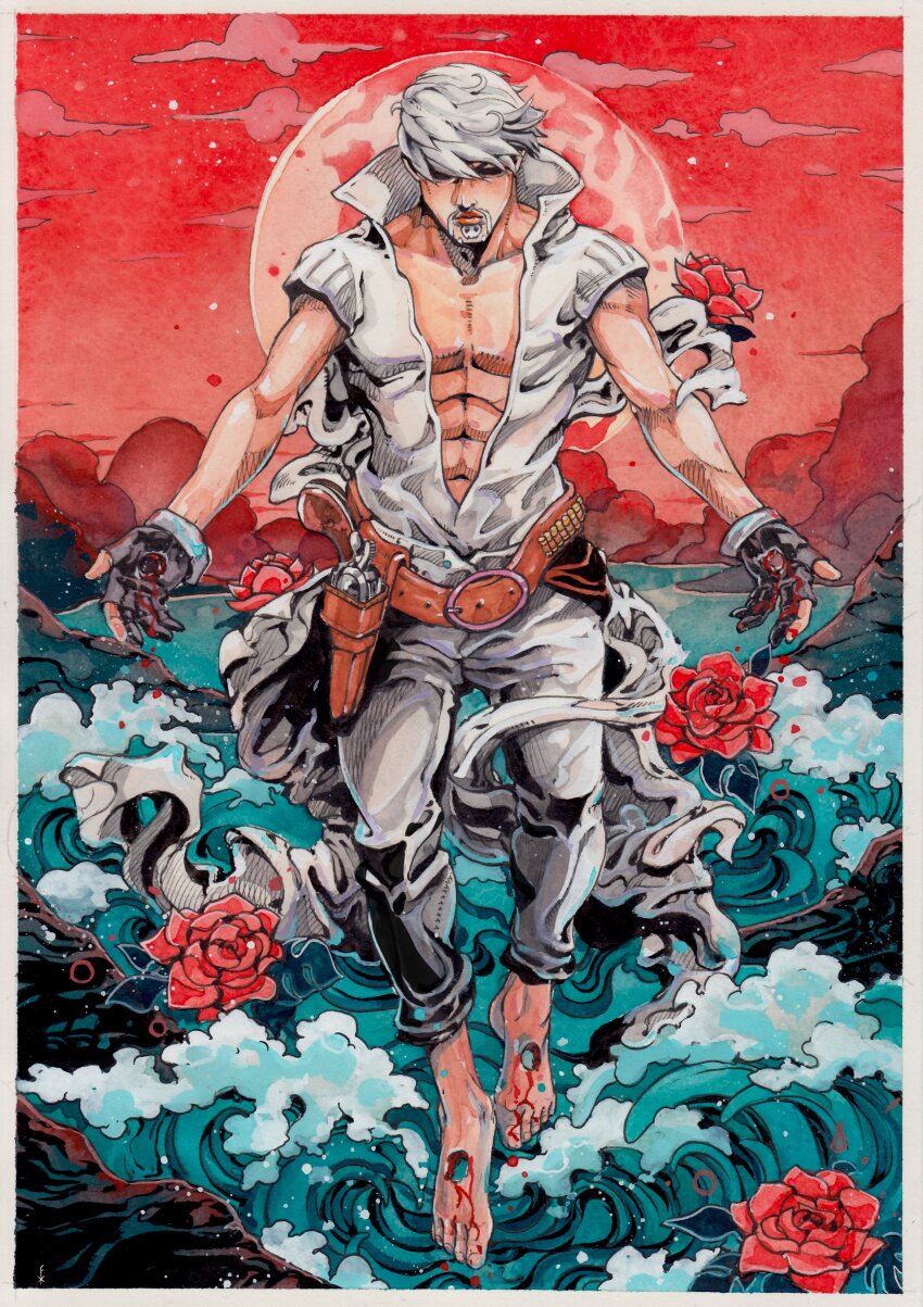 1boy abs absurdres araki_hirohiko_(style) barefoot belt black_gloves brown_belt bullet cleavage_cutout clothing_cutout fingerless_gloves flower full_moon gloves gun handgun highres holster jojo_no_kimyou_na_bouken moon pants pectorals red_flower red_sky revolver ringo_roadagain shirt short_sleeves sky steel_ball_run stigmata weapon white_hair white_pants white_shirt xfkart