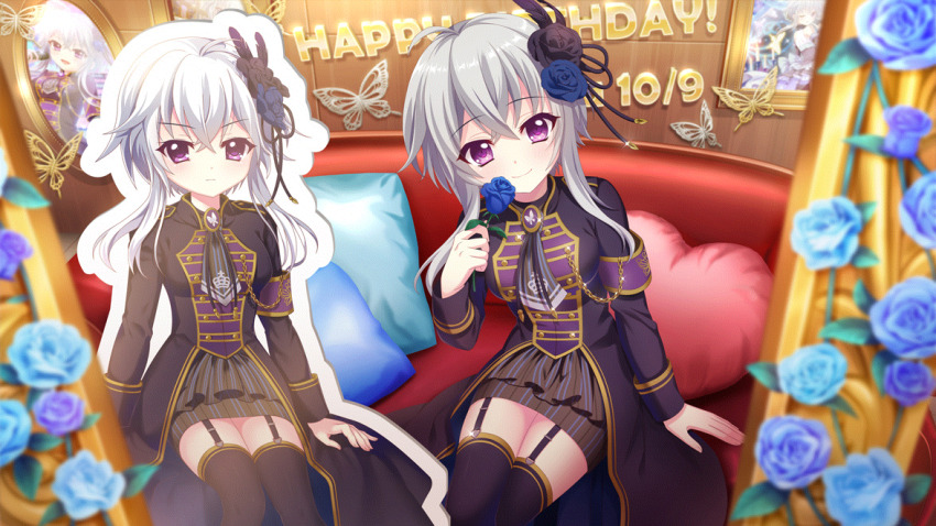 1girl ahoge annotated arm_support armband birthday black_feathers black_flower black_garter_straps black_rose black_thighhighs blue_flower blue_rose blurry blurry_foreground breasts butterfly_ornament cardboard_cutout chain closed_mouth couch crossed_legs dot_nose feather_hair_ornament feathers film_grain flower game_cg garter_straps gold_chain grey_hair hair_flower hair_ornament hand_up happy_birthday heart heart-shaped_pillow holding holding_flower ichijou_ruka idol idol_clothes izumi_tsubasu long_sleeves looking_at_viewer medium_breasts non-web_source official_art on_couch picture_frame pillow purple_armband purple_brooch purple_eyes purple_flower purple_rose re:stage! rose short_hair_with_long_locks sitting smile solo thighhighs zettai_ryouiki