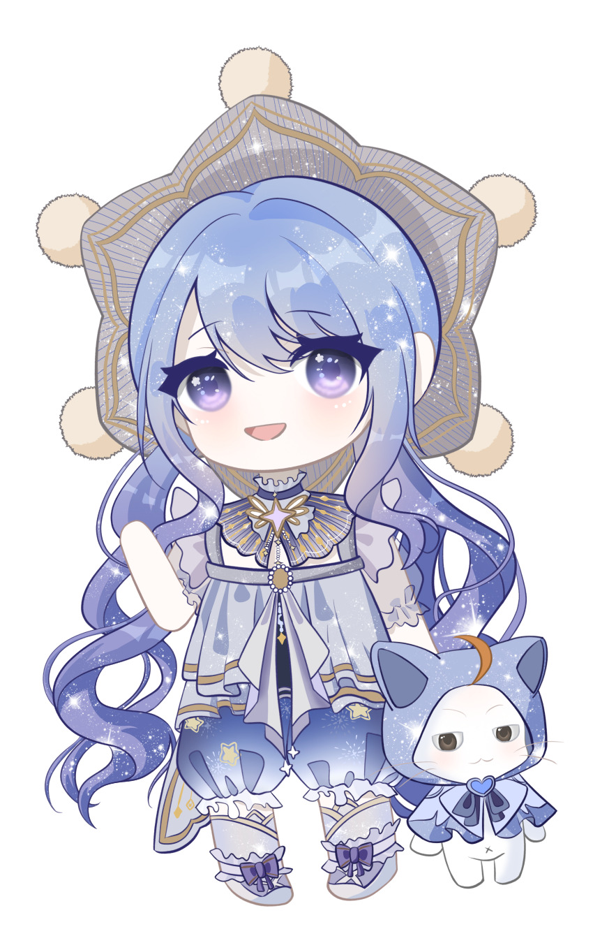 1girl :3 absurdres ahoge animal bare_arms black_bow black_bowtie blue_brooch blue_dress blue_hair bow bowtie brooch brown_eyes capelet cat chibi cloak closed_mouth clothed_animal collar detached_collar dress ear_covers eyelashes footwear_bow frilled_collar frilled_footwear frilled_pants frilled_sleeves frills full_body gradient_hair grey_bow grey_bowtie grey_hat grey_shoes grey_sleeves grey_socks hair_between_eyes hair_intakes hand_up hat heart heart_brooch highres hood hood_up hooded_cloak infinity_nikki jewelry kneehighs light_blush looking_at_viewer low_twintails momo_(nikki) multi-tied_hair multicolored_hair nikki_(nikki) nikki_(series) official_alternate_costume open_mouth pants pom_pom_(clothes) puffy_pants purple_bow purple_capelet purple_cloak purple_collar purple_eyes purple_hair purple_pants see-through_clothes see-through_sleeves shirt_slip shoes short_dress simple_background smile socks square_neckline standing star_(symbol) star_brooch star_in_eye star_print starlet_burst_(infinity_nikki) striped_clothes striped_headwear swept_bangs symbol_in_eye twintails vertical-striped_capelet vertical-striped_clothes vertical-striped_headwear whiskers white_background white_cat zhizhizhizhizhizong