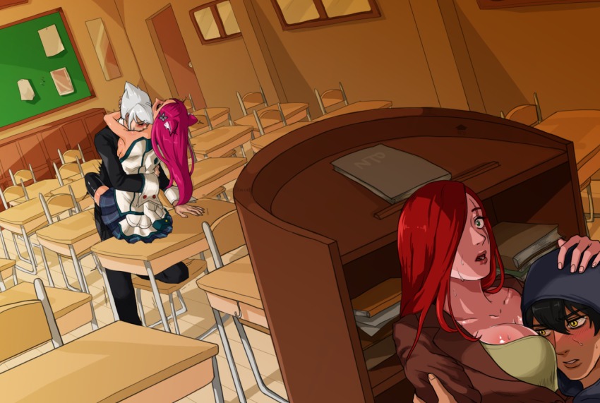2boys 2girls academy_ahri ahri_(league_of_legends) animal_ears blush breast_press breast_smother breasts classroom cleavage clothed_sex closed_eyes fox_ears fox_girl hetero hiding hug indoors katarina_(league_of_legends) kiss league_of_legends multiple_boys multiple_girls kissing_neck on_table school school_uniform sex skirt spread_legs straddling suspended_congress sweat sweatdrop table talon_(league_of_legends) unbuttoned undressing vladimir_(league_of_legends)