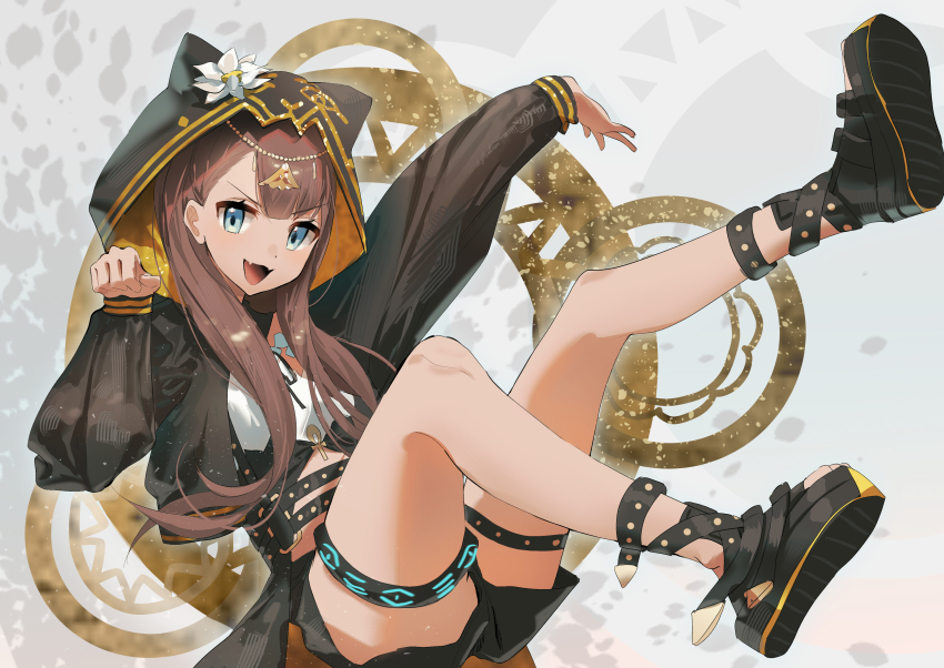 1girl absurdres ankh arknights black_jacket black_sandals black_shorts blue_eyes brown_hair commentary fangs flower full_body hair_behind_ear hand_up highres hood hood_up hooded_jacket infection_monitor_(arknights) jacket legs_up long_hair long_sleeves looking_at_viewer miaooon open_clothes open_jacket open_mouth outstretched_arm paw_pose pepe_(arknights) sandals shorts sketch skin_fangs smile solo two-sided_fabric two-sided_jacket white_flower yellow_jacket