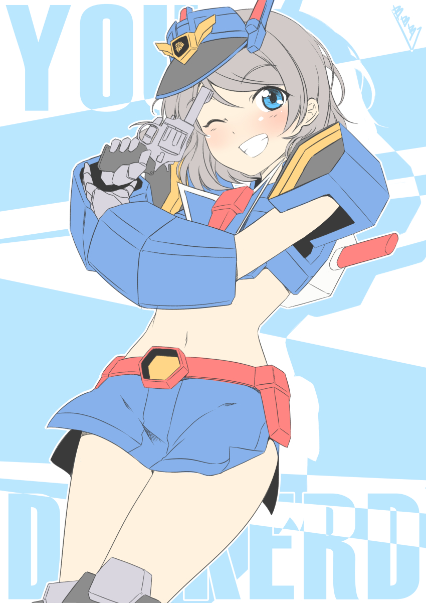 10s 1girl absurdres blue_eyes blue_skirt bunji character_name company_connection cosplay crossover deckerd deckerd_(cosplay) grey_hair gun hair_behind_ear handgun highres holding holding_gun holding_weapon looking_at_viewer love_live! love_live!_sunshine!! mecha_musume midriff navel one_eye_closed revolver skirt smile solo sunrise_(company) watanabe_you weapon yuusha_keisatsu_j-decker yuusha_series