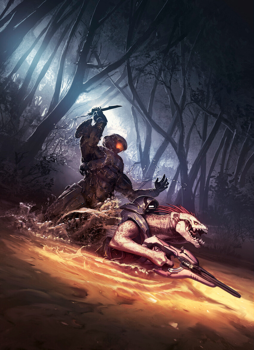 1boy 1other alien armor assault_visor combat_knife cover gabriel_thorne gun halo:_escalation halo_(series) highres holding holding_gun holding_weapon imminent_attack isaac_hannaford kig-yar knife needler official_art partially_submerged power_armor science_fiction sharp_teeth spartan_(halo) teeth tree water weapon wetland