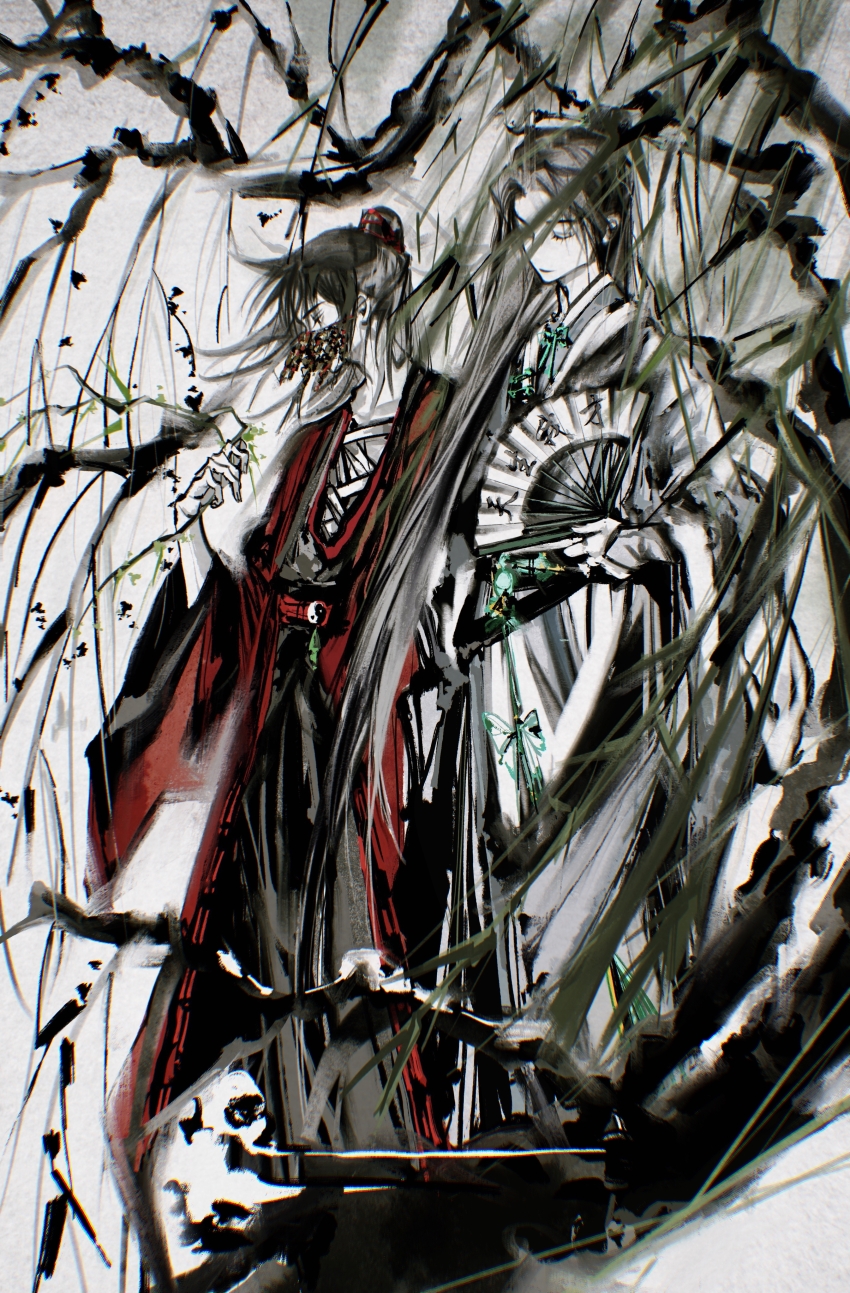 2boys absurdres artist_request bandaged_chest black_hair black_hanfu branch chinese_clothes chinese_commentary closed_eyes closed_mouth coat coin commission dao_gui_yi_xian faux_traditional_media flower folding_fan hair_bun hair_ornament hair_stick half_updo hand_fan hand_fan_writing hanfu height_difference highres holding holding_branch holding_fan holed_coin ink_wash_painting leaf li_huowang long_hair long_sleeves looking_at_viewer looking_to_the_side male_focus mask mouth_veil multiple_boys paintbrush_hair_ornament red_coat robe second-party_source single_hair_bun standing tree veil very_long_hair white_hanfu wide_sleeves yaoi yaopei yin_yang zhuge_yuan
