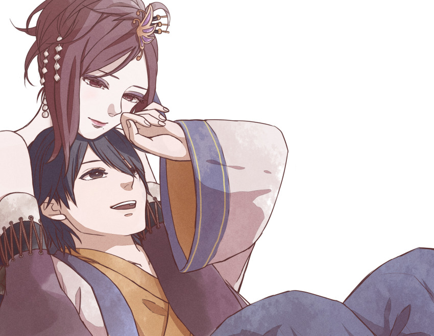arm_up black_hair brown_eyes butterfly_hair_ornament coat detached_sleeves eyeshadow hair_ornament hand_on_own_cheek hand_on_own_face highres hug japanese_clothes kimono leaning_back leaning_on_person lips lipstick long_sleeves makeup mole mole_under_mouth nouhime purple_eyes sengoku_musou sitting smile swept_bangs takenaka_hanbei