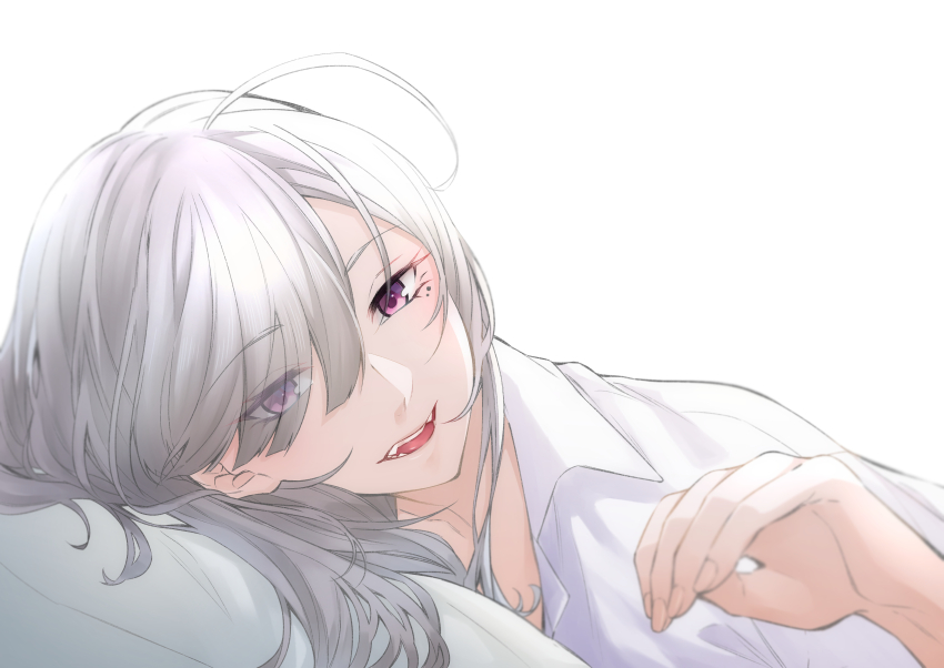 1girl absurdres ahoge blush breasts eyes_visible_through_hair grey_hair hair_over_one_eye higashizukihi_sei highres large_breasts long_hair looking_at_viewer mole mole_under_eye nijisanji open_mouth purple_eyes smile solo sukoya_kana virtual_youtuber