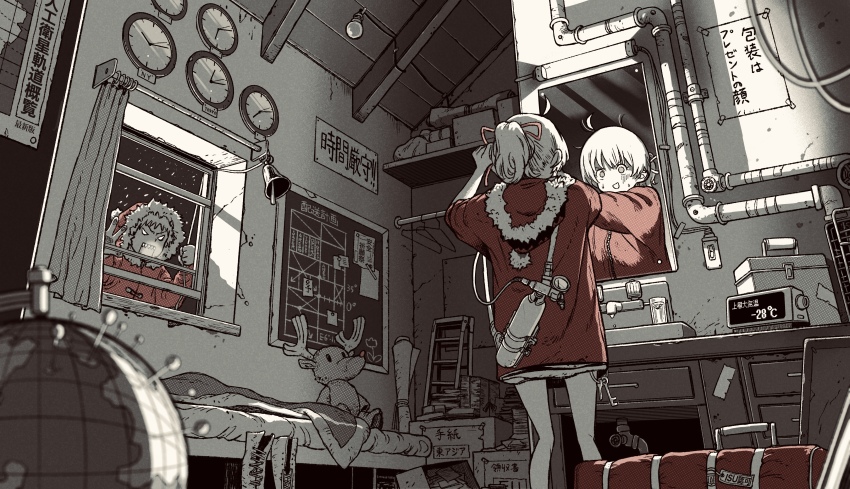 2girls absurdres adjusting_hair ahoge angry bed bell blueprint_(object) bow christmas clock commentary_request condensation crack cracked_wall curtains gas_tank globe greyscale hair_bow hand_on_window highres industrial_pipe key keyring ladder light_bulb messy_room mirror monochrome multiple_girls needle o_o omao original partially_colored ponytail reflection rudolph_the_red_nosed_reindeer santa_claus santa_costume scenery shouting spot_color stuffed_animal stuffed_toy teeth v-shaped_eyebrows window window_fog