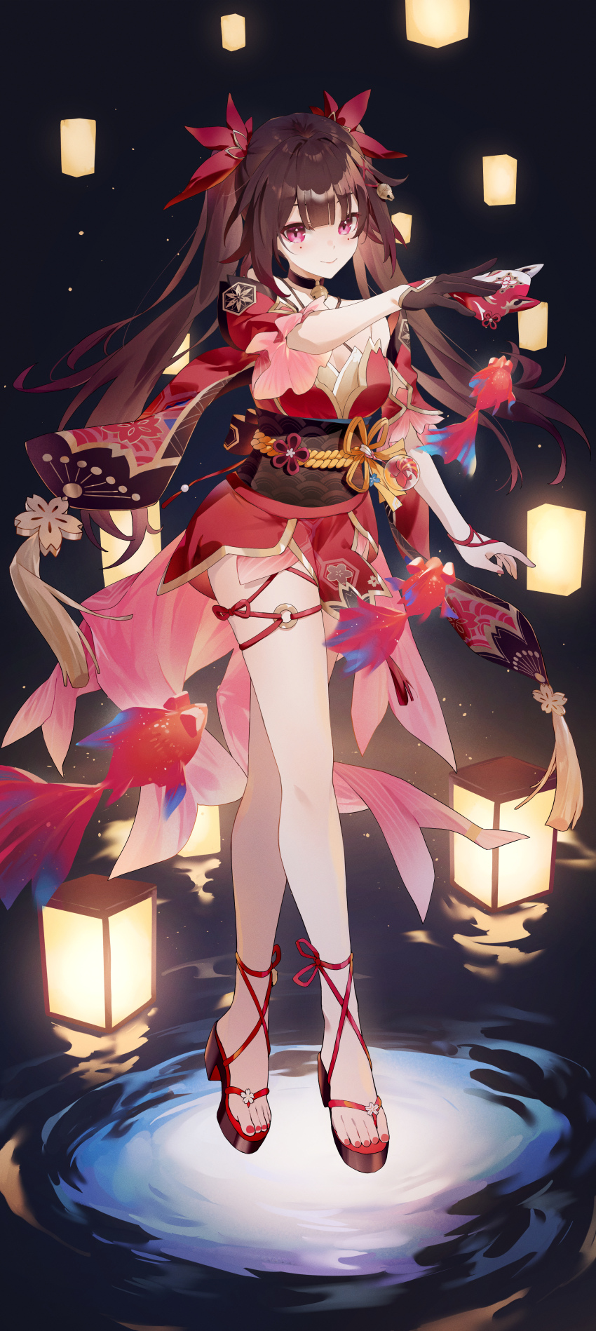1girl absurdres arm_up breasts brown_gloves brown_hair cleavage closed_mouth commentary criss-cross_halter crossed_legs dress fish flying_fish fox_mask full_body gloves halterneck highres holding holding_mask honkai:_star_rail honkai_(series) long_hair looking_at_viewer mask medium_breasts nail_polish obi obijime okobo pink_eyes platform_sandals red_dress red_nails red_ribbon ribbon sandals sash short_sleeves single_glove smile solo sparkle_(honkai:_star_rail) swkl:d symbol-only_commentary toenail_polish toenails twintails watson_cross