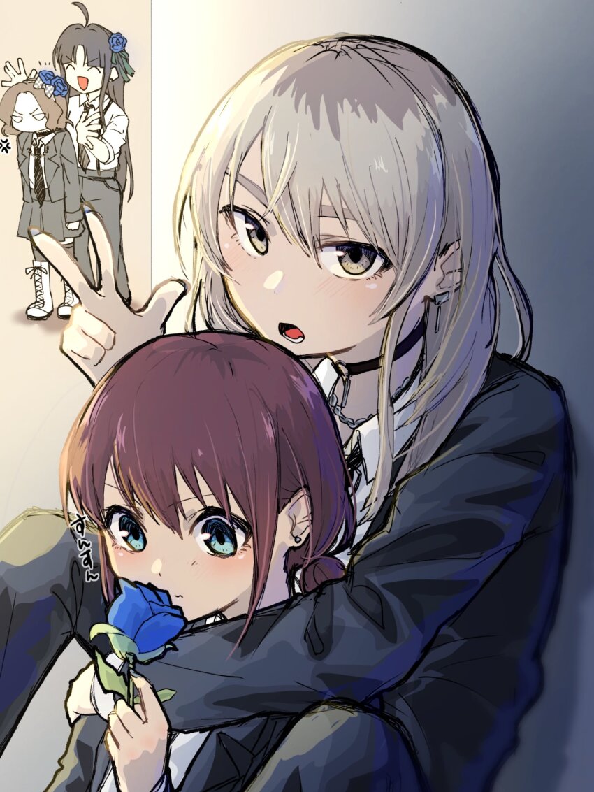 4girls anger_vein awa_subaru ayataka_syumimi black_choker black_hair black_jacket black_pants black_skirt black_thighhighs blue_eyes blue_flower blue_rose boots brown_hair choker commentary earclip ebizuka_tomo english_commentary flower girls_band_cry grey_eyes grey_hair hair_between_eyes hair_flower hair_ornament highres iseri_nina jacket kawaragi_momoka long_hair long_sleeves low_twintails lower_teeth_only multicolored_hair multiple_girls open_mouth pants parted_bangs pleated_skirt roots_(hair) rose short_hair short_twintails sidelocks skirt teeth thighhighs twintails w white_footwear yuri
