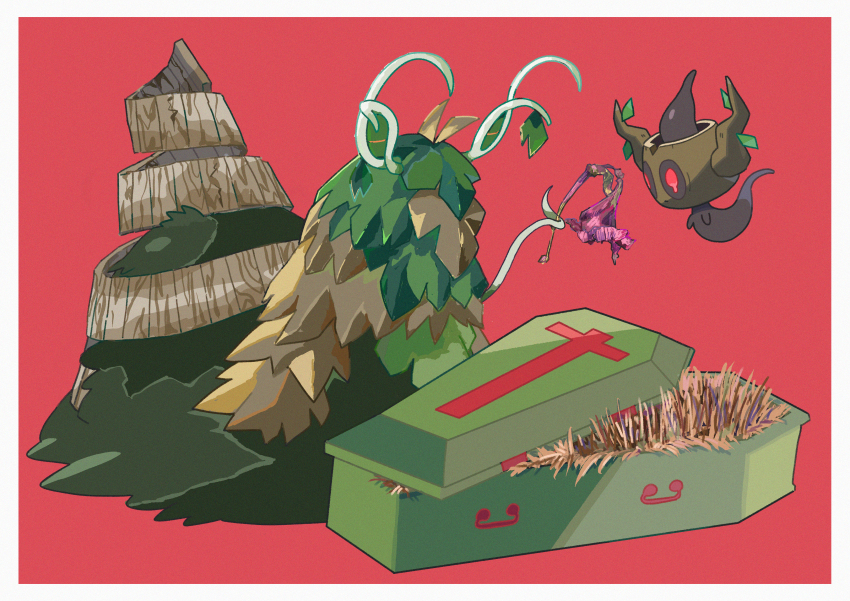 absurdres border coffin commentary_request cross cross_print flower gen_6_pokemon highres holding holding_flower looking_down nintendo no_humans phantump pink_background pokemon pokemon_(creature) saiku_(zvlku) white_border wilted_flower wo-chien